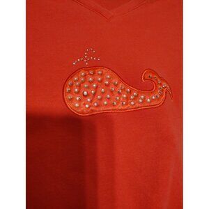 Quacker Factory Large Bright Pink Long Sleeve Shirt, Whale, Rhinestone V-Neck